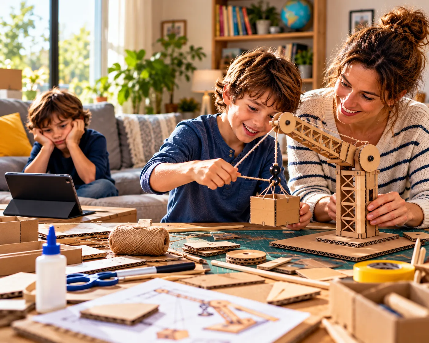A mother and son build a cardboard crane at home